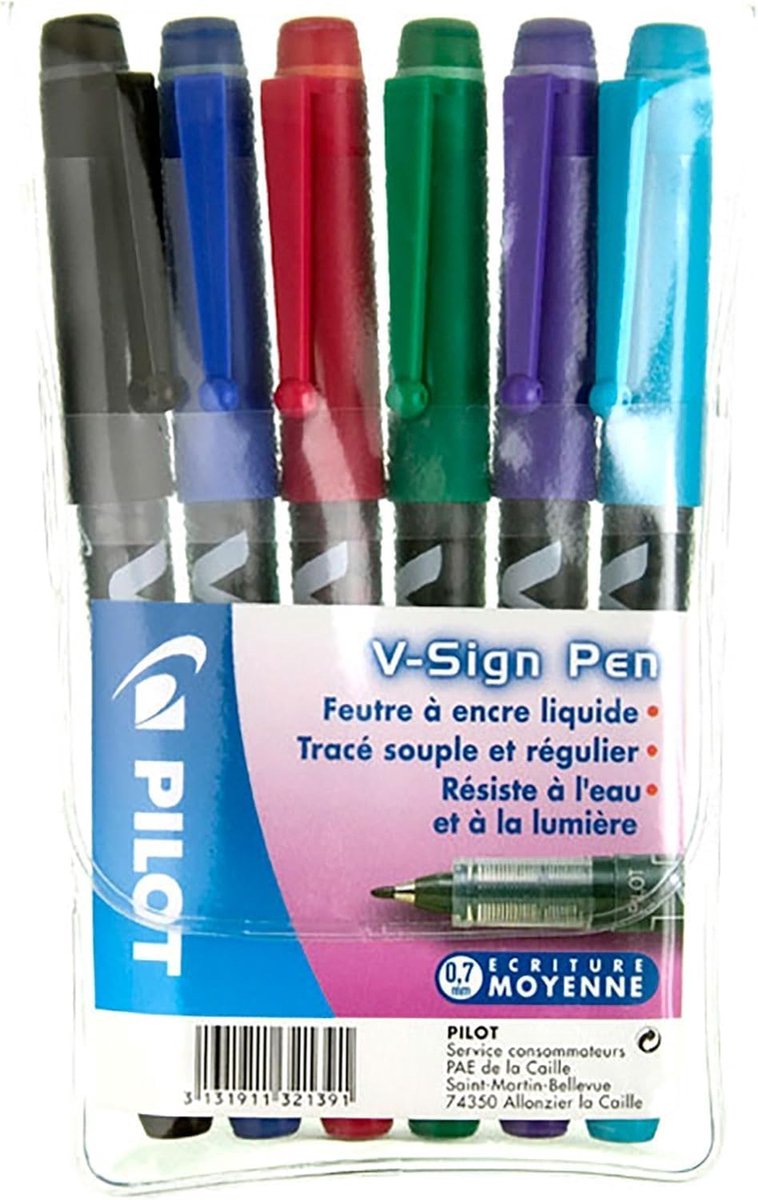 Thijox - Set van 6 V-Sign Fineliners - Vloeibare Inkt Pennen met Lichtgevende Kleur - Zwart, Blauw, Rood, Groen, Paars, Turquoise - Medium Punt voor S