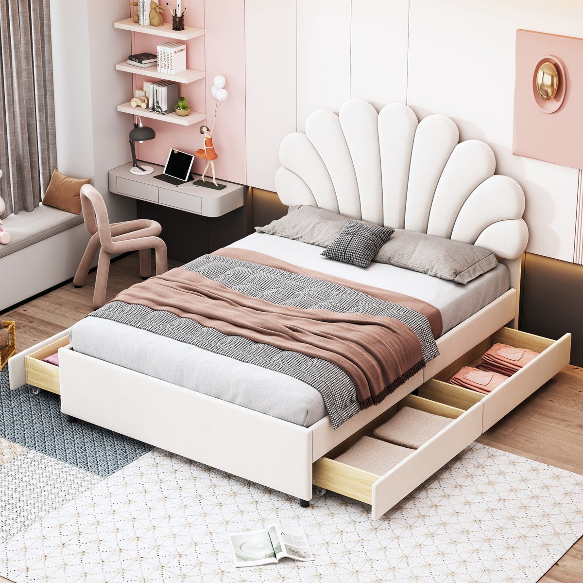 MEUNIQ gestoffeerd tweepersoonsbed 140 x 200 cm met bloemvormig verstelbaar hoofdbord, lattenbodem en 4 opberglades, bedframe voor slaapkamer, beige