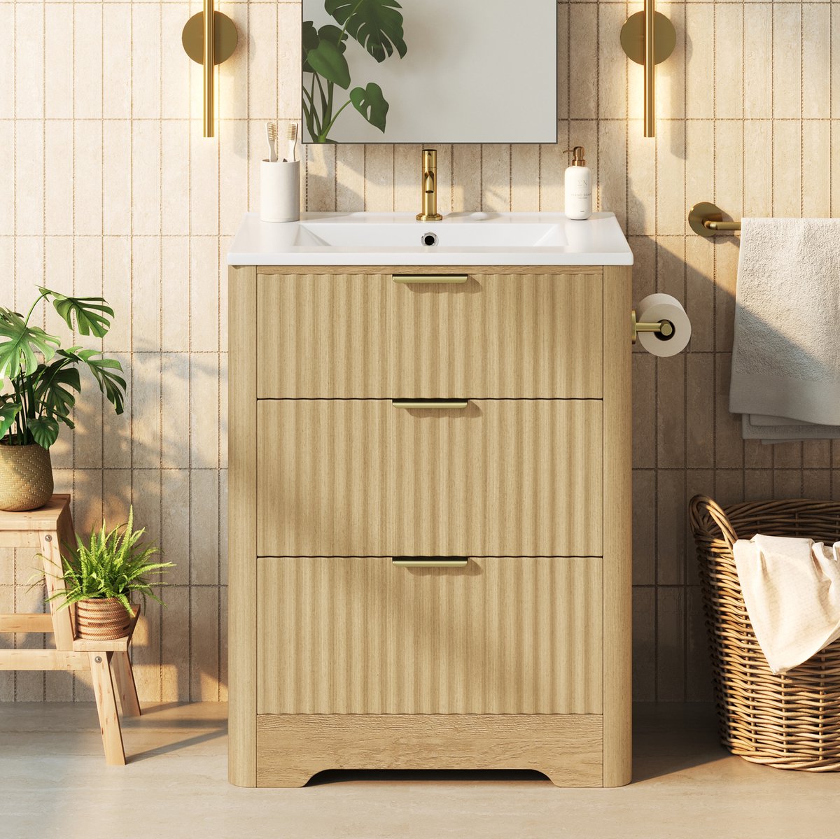 MIVRAY Badkamerkast - Vrijstaande Wastafelkast Met Keramische Wasbak En 2 Lades - Voor Kleine Badkamer Of Gastenwc - MDF Naturel - 61x47x82 Cm