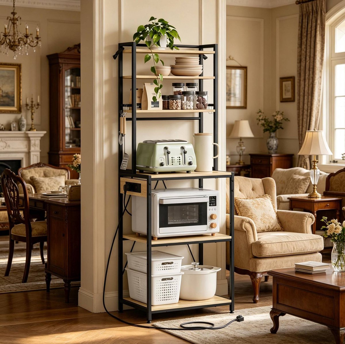 HAUSS SPOLE Boekenkast - Open Kitchenrek Met Stopcontact En Haken - Voor Keuken En Koffiehoek - Metaal En Spaanplaat - 60x40x167 Cm - Licht Eiken