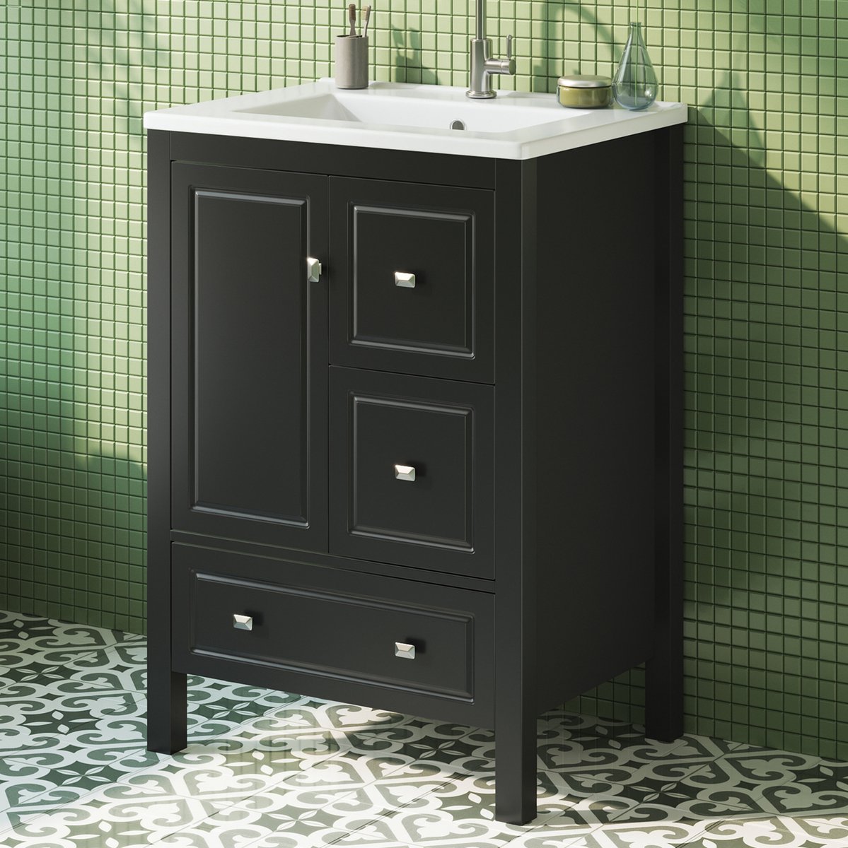 MIVRAY Badkamerkast - Vrijstaande Wastafelkast Met Keramische Wastafel En 3 Laden - Opbergruimte Voor Moderne Badkamer - Zwart - 62x47x90 Cm