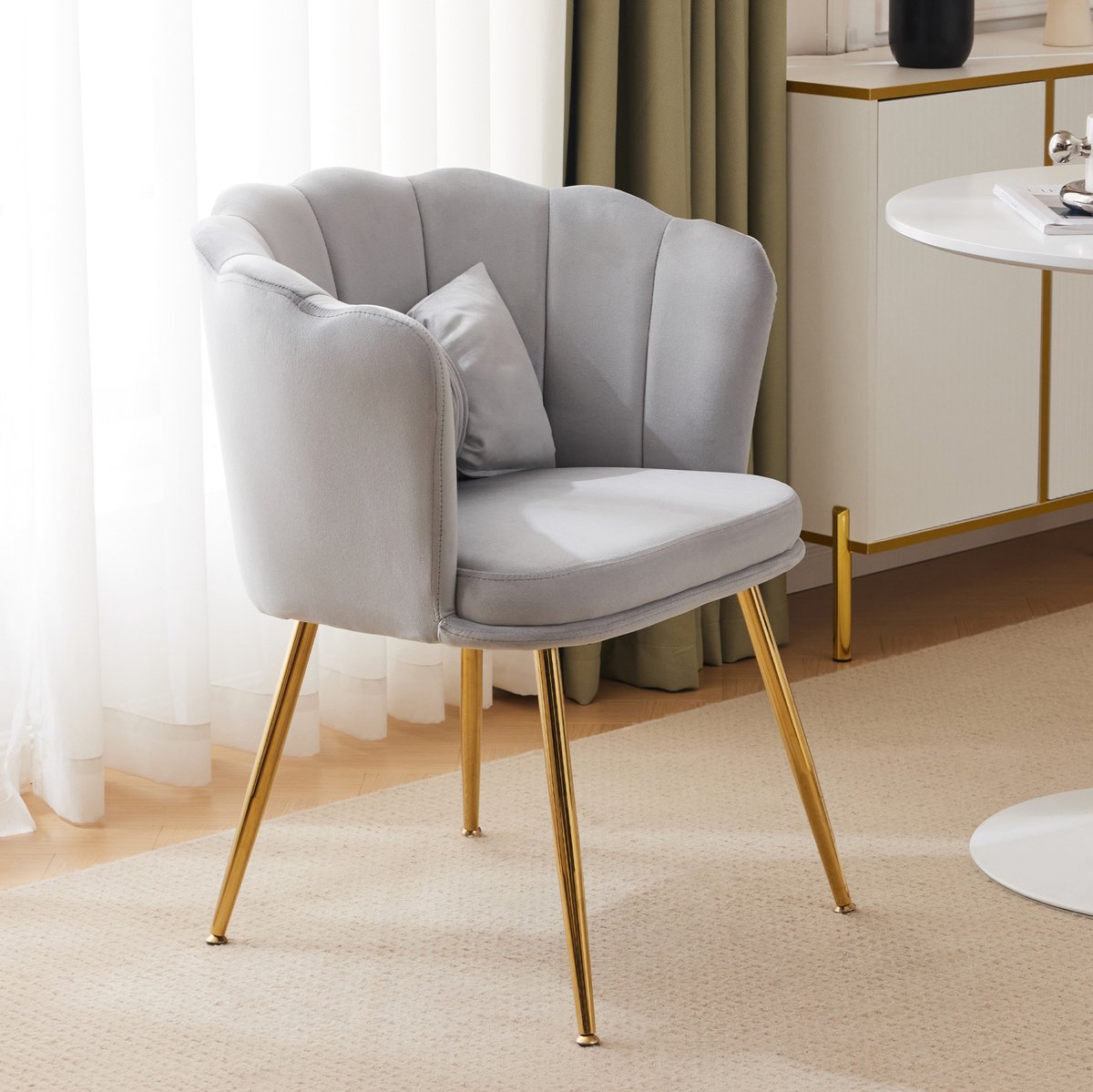 DESMIU Fauteuil 63 x 58 x 77 Cm - Met Bloemblaadjesrugleuning En Kussen - Voor Woonkamer En Slaapkamer - Velvet - Grijs