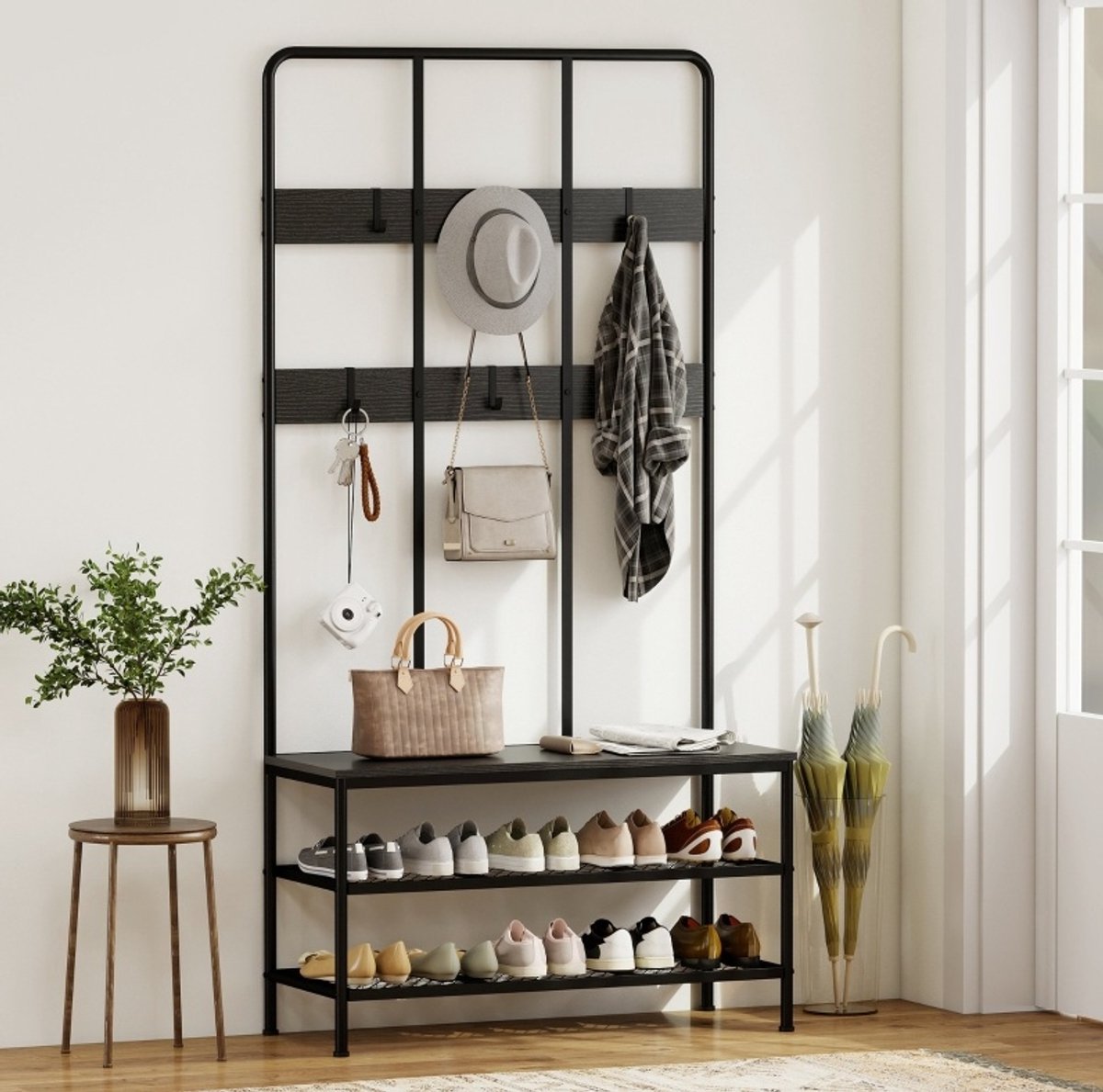 MEUNIQ garderobenstandaard met zitbank en schoenenrek 91 x 36 x 180 cm, 6 haken, 2-laags opbergrek, kledingrek voor hal en entree, zwart
