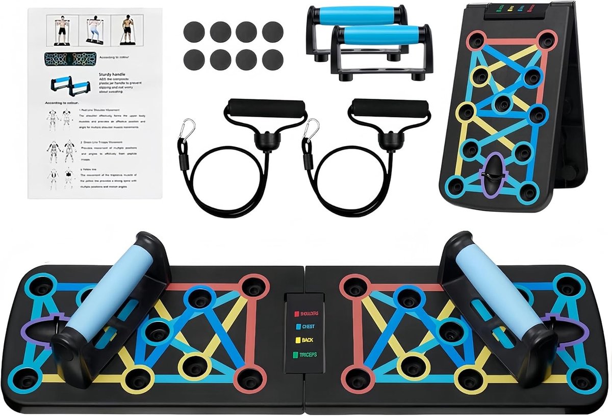 Multifunctionele Vouwbare Push Up Board met Weerstandstouwen en Antislip Handvatten | 17 Trainingsmodi voor Gerichte Krachttraining en Spieropbouw Thuis