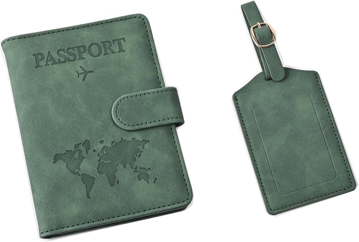 SnelShoppen - Passport Cover & Kofferslabel Set - Faux Leather Paspoort Hoes met RFID Bescherming voor Creditcards, ID Kaarten & Reisdocumenten - Reis