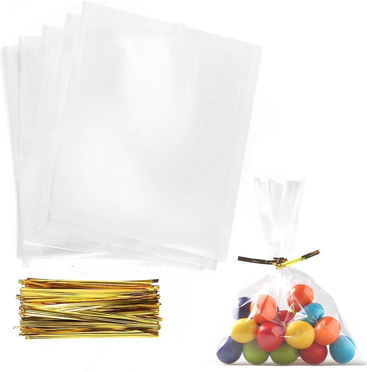 Inovra- Snoepzakjes 100 stuks - Doorzichtige cellofaanzakjes - Cadeauzakjes met strikjes - Voedselveilig - 15 x 10 cm - Perfect voor feestjes