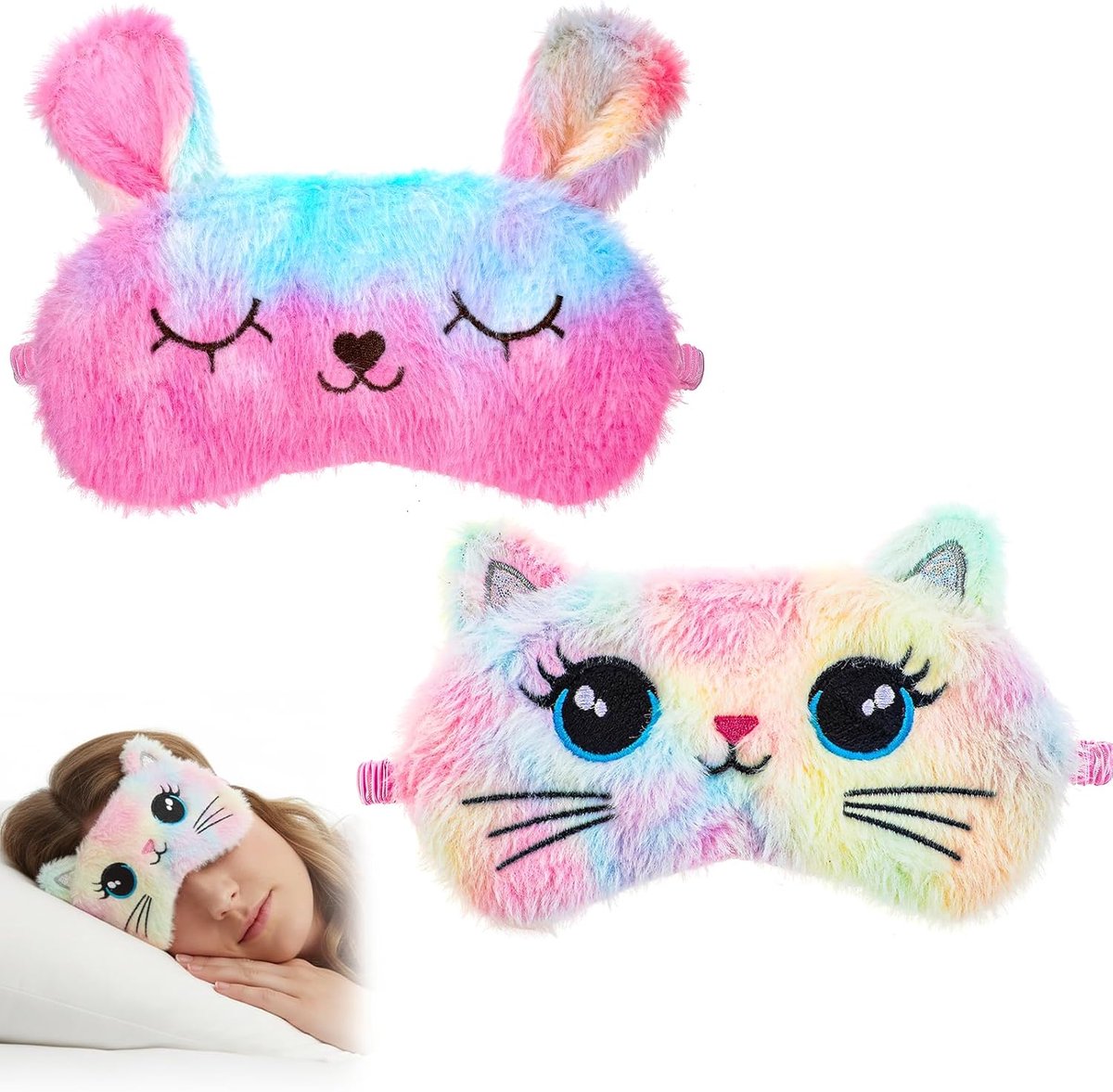 Thijox - 2 stuks slaapmasker voor kinderen, meisjes, zacht pluche oogmasker, kleurrijk en comfortabel, schattige dieren nachtmaskers, ideaal voor slaa