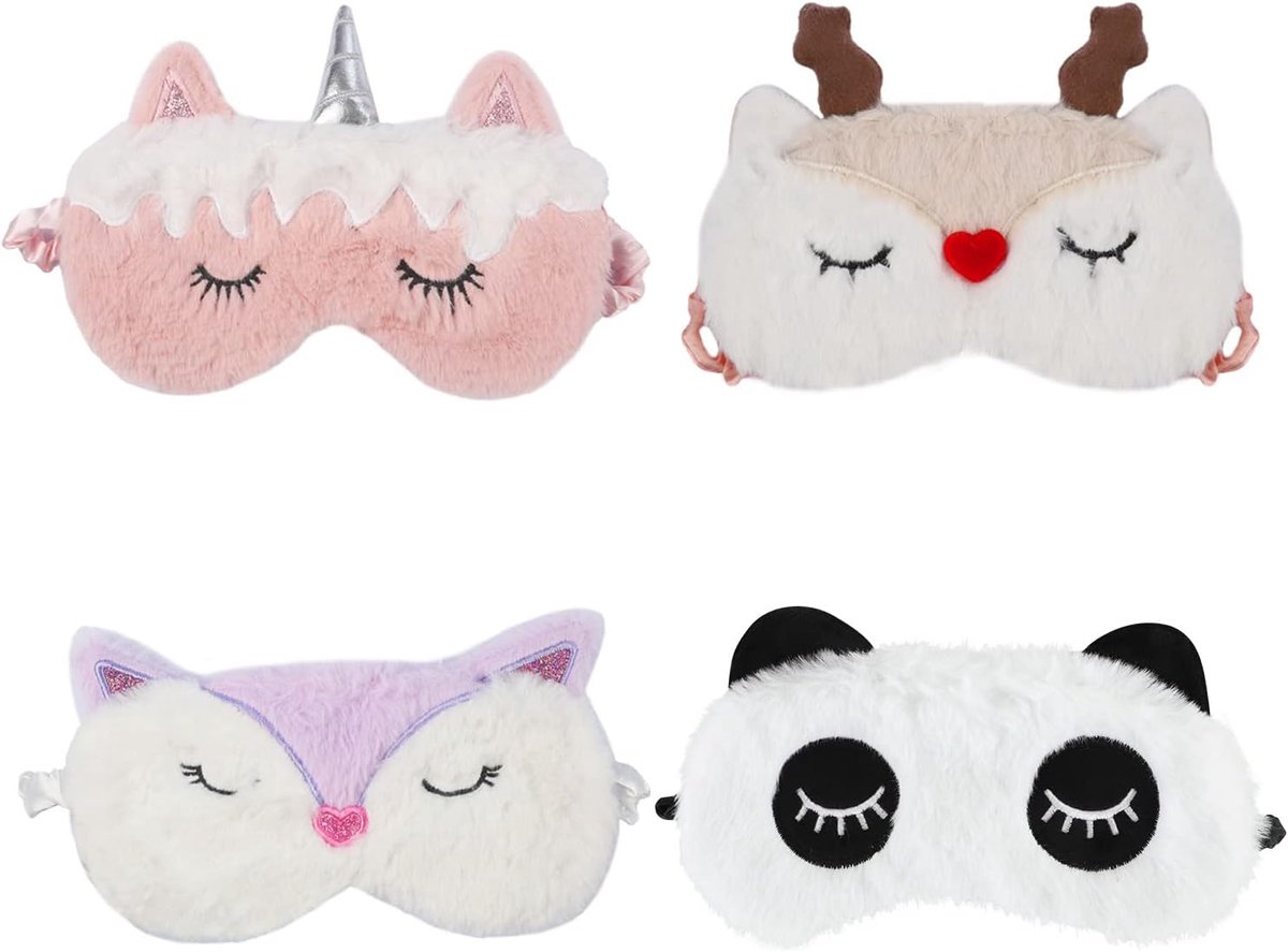 Thijox - 4 Stuks Slaapmasker voor Kinderen, Zacht Pluche Oogmasker in Meer kleuren, Cartoon Motieven (Hert, Vos, Panda, Eenhoorn) voor Meisjes, Dames,