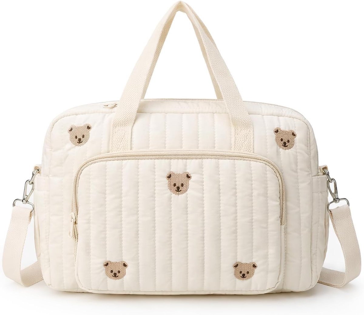 Luiertas voor pasgeborenen, grote ziekenhuistas voor mama's, schoudertas voor reizen en luierverschonen, beige katoen met geborduurd berenmotief, 35 x 10 x 29 cm