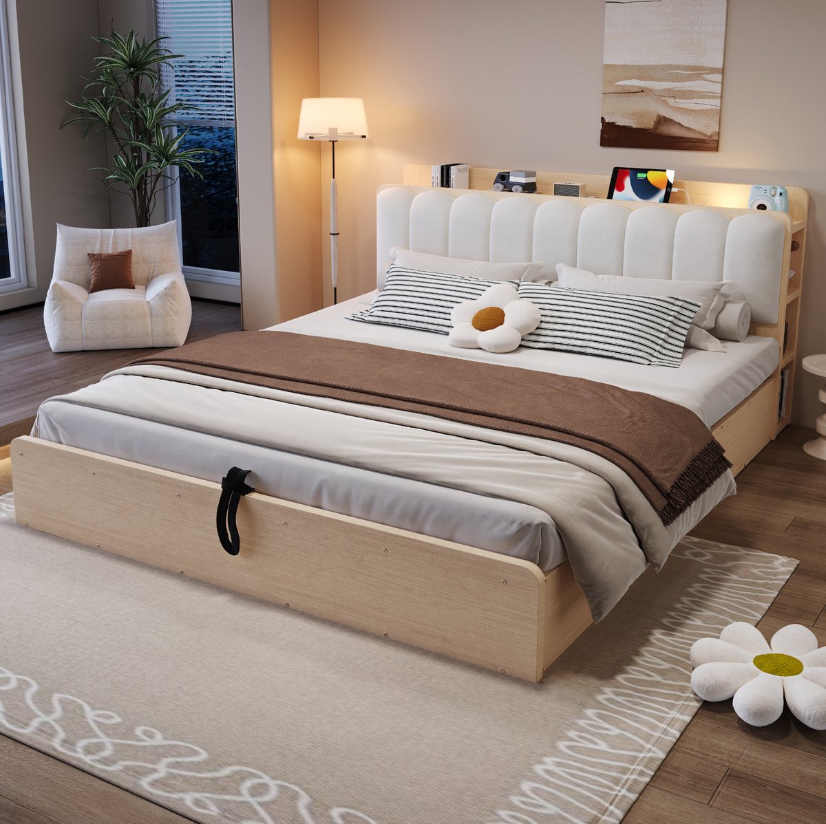 FloraGrace Bed 180x200 cm - Hydraulisch Bed Met Opbergruimte En USB Aansluiting - Hoofdbord Met Plank En Opbergvak - Tweepersoons - Hout En Stof - Zonder Matras - Naturel Hout