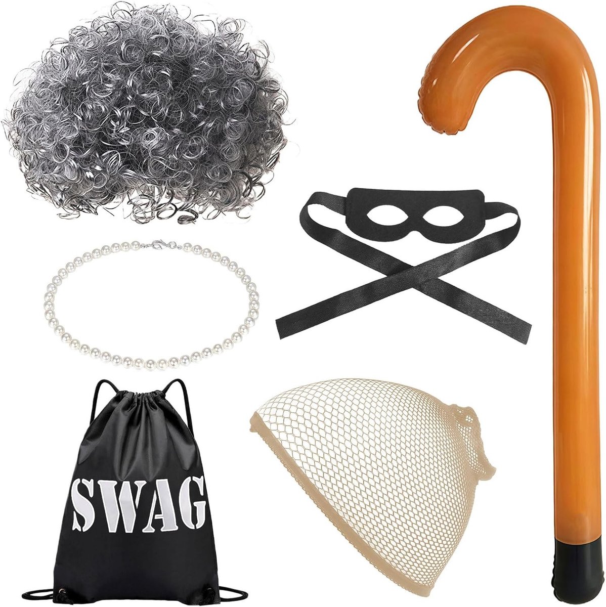 6-delige Kostuumset voor Oudere Dames met Grijze Peruk, Haarnet, Masker en Accessoires voor Halloween en Verkleedpartijen