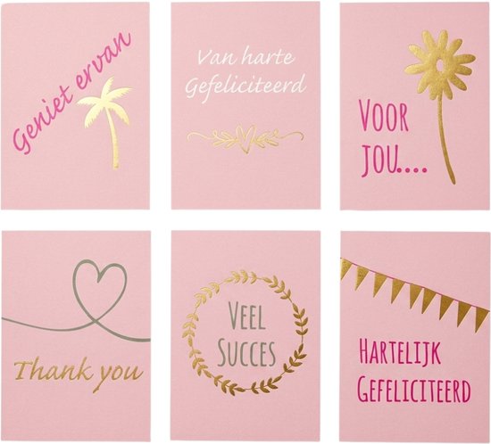 Set van 6 roze kaarten met gouden en zilveren opdruk, zoals een palmboom en hartjes.