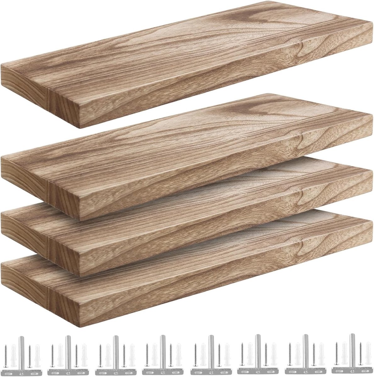 Set van 4 Wandplanken van Hout, 40 x 15 cm, Zwevende Planken voor Woonkamer, Badkamer en Kantoor, Inclusief Bevestigingsmateriaal