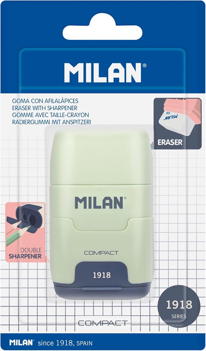 Thijox - MILAN® Blister COMPACT 1918 Slijper met Gum, Dubbele Puntenslijper, Synthetisch Rubber, Veiligheid, Roze, Groen, Blauw, Wit - Perfect voor Sc
