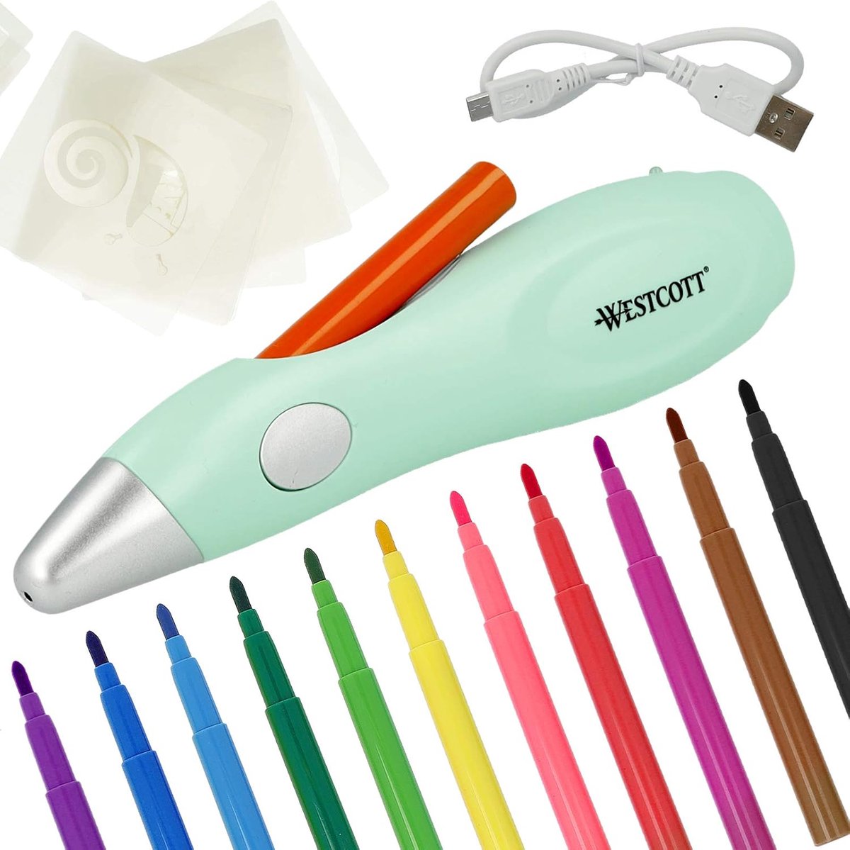 Children's Airbrush Set with 12 Felt Tip Pens and 19 Stencils for Colouring and Drawing - Green E-16800 00