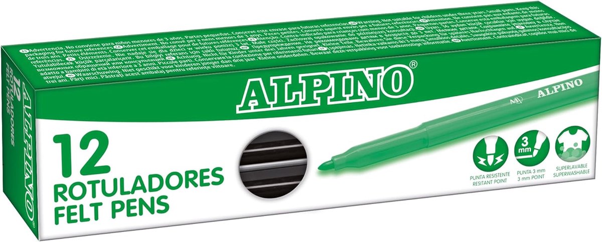 SnelShoppen - Set van 12 Wasbare Viltstiften, Lichtgevende Markers voor Kinderen, Zwart, Sterke Vezelpunt, Ideaal voor School en Creatief Gebruik