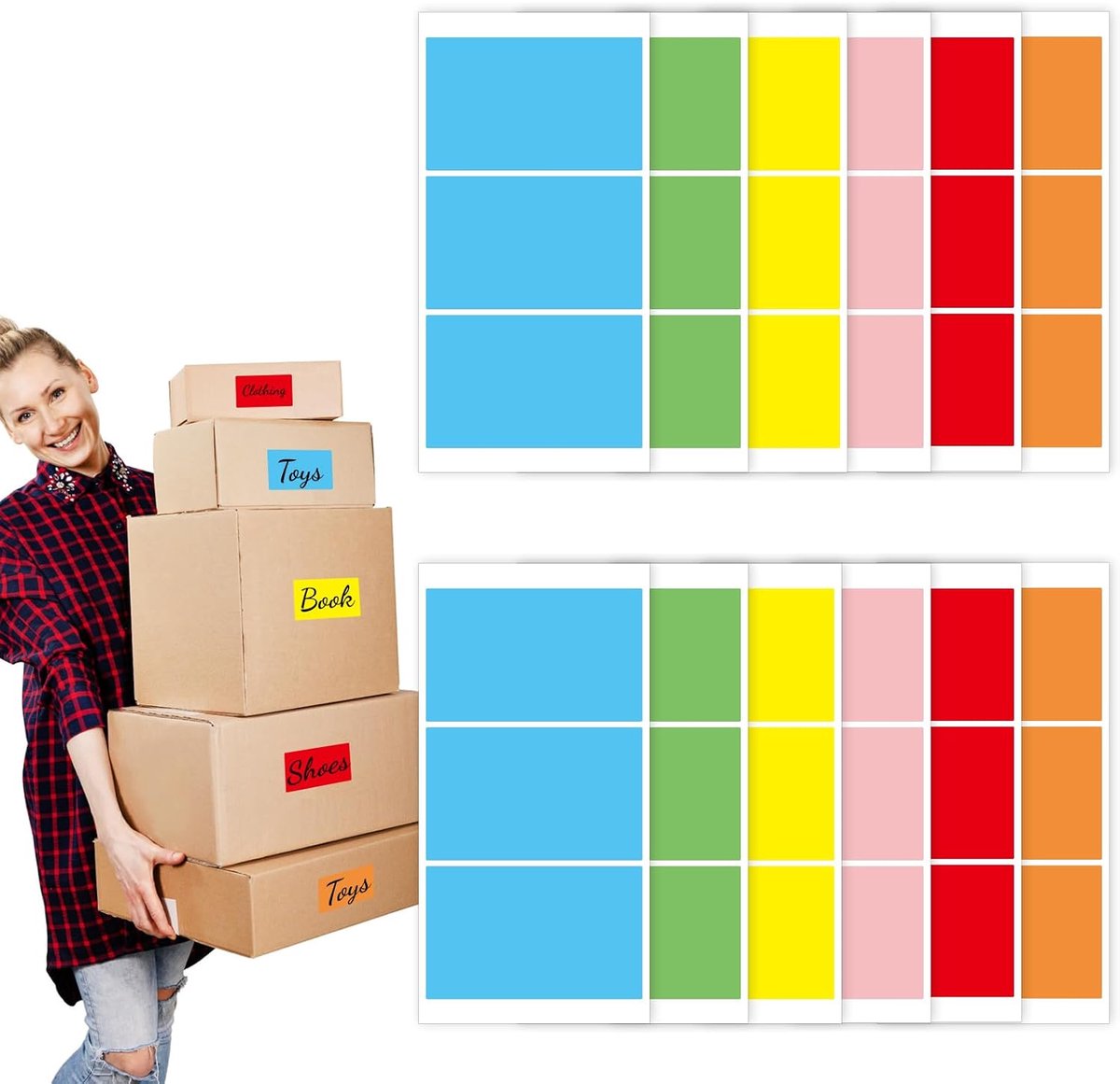 Thijox - 72 Verhuisstickers 100 x 60 mm - Gekleurde Dozen Labels voor Kleurcodering - Papier Verpakkingsetiketten - Rood, Oranje, Geel, Groen, Blauw,