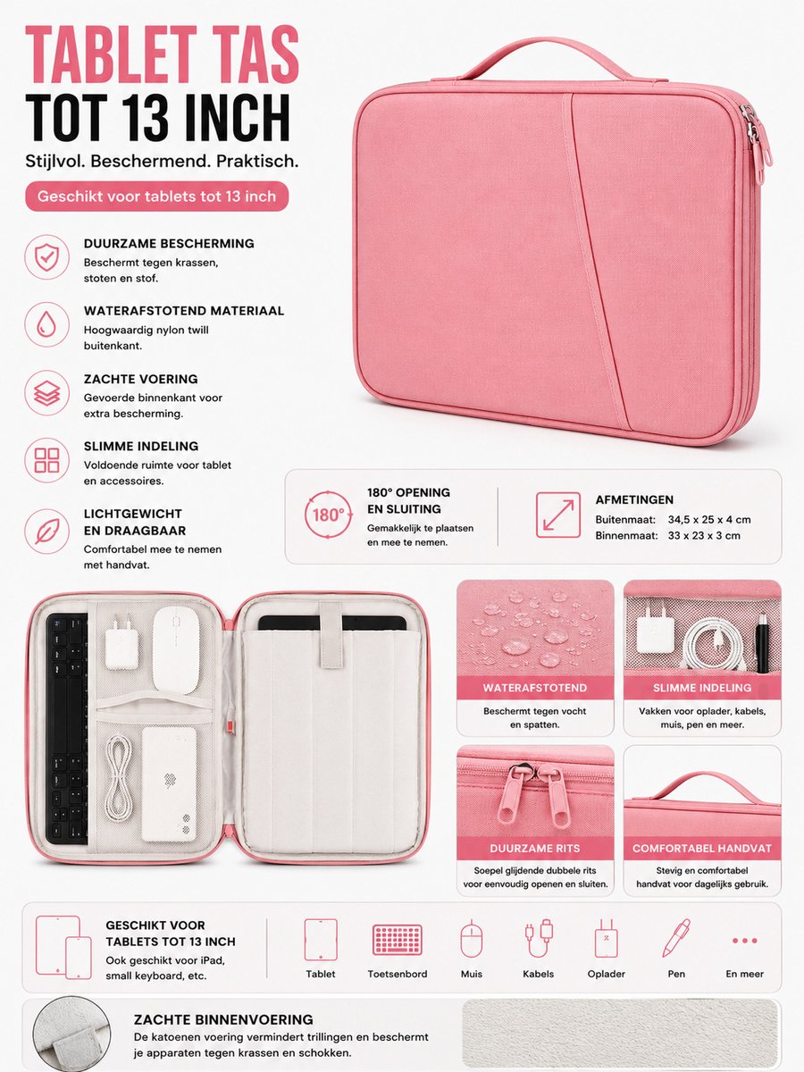 Tablet Organizer Tas 13 inch Roze – Waterafstotende Sleeve – Beschermende Opbergtas voor iPad, Tablet, Toetsenbord & Accessoires – Met Handvat