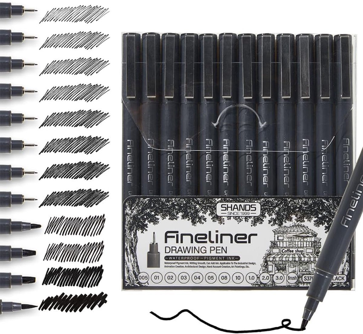 Thijox - Fineliner zwarte set 12 stuks professionele tekenstiften voor kalligrafie, handlettering, schetsen, tattoo-pen, waterbestendig, pigment liner
