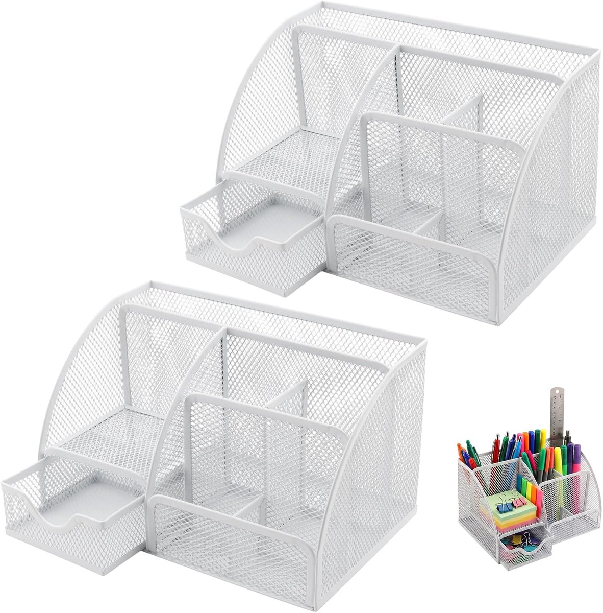 Thijox - Bureau-organizer metaal wit - 2 stuks - 22 x 14 x 13 cm - Kantoororganizer met 6 vakken en lade - Pennenhouder voor schrijfgerei en kantoorac