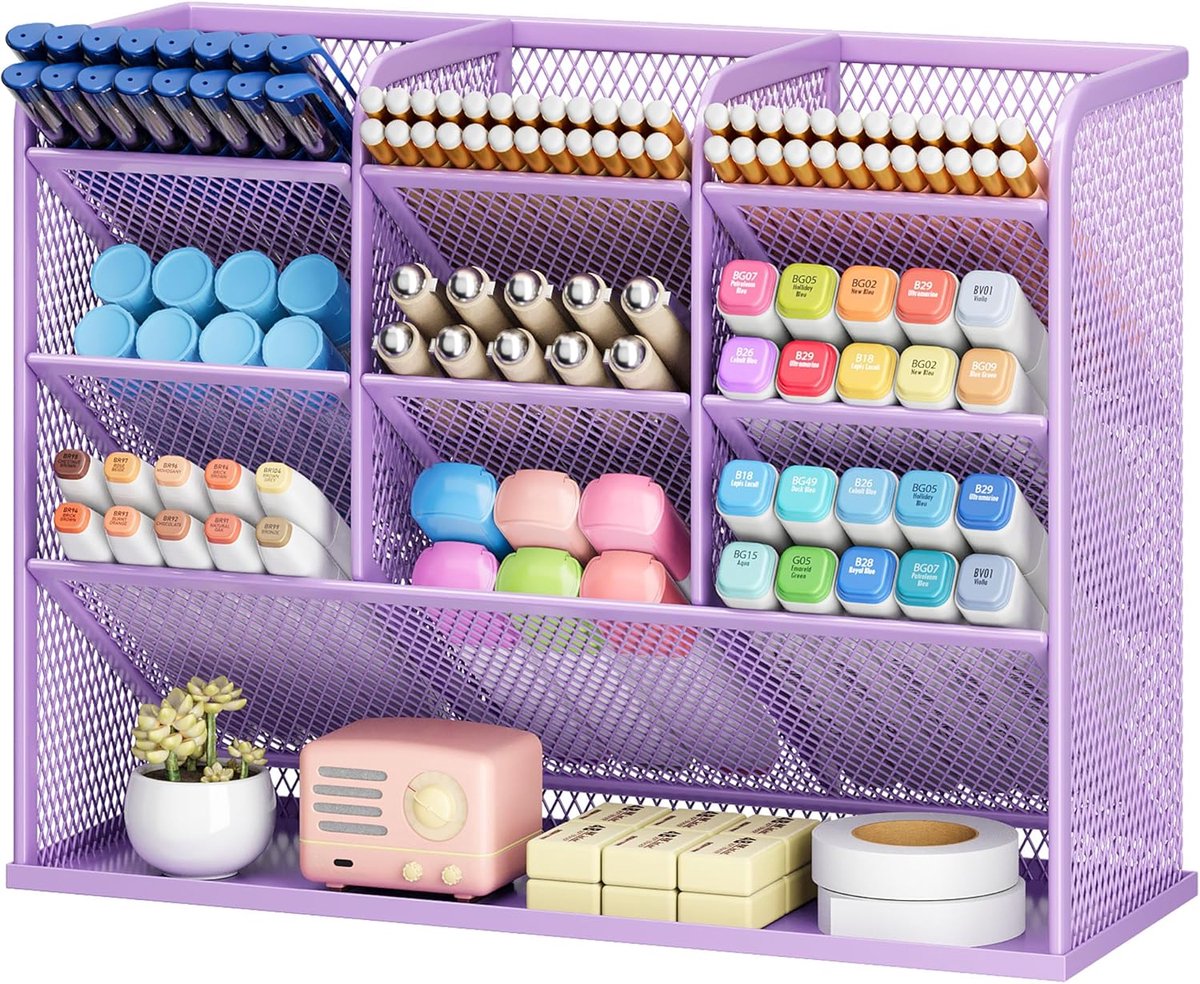 Thijox - Bureau-organizer met 9 vakken en pennenhouder, metalen rek voor school, thuis en kantoor, paars, perfect voor het organiseren van pennen en a