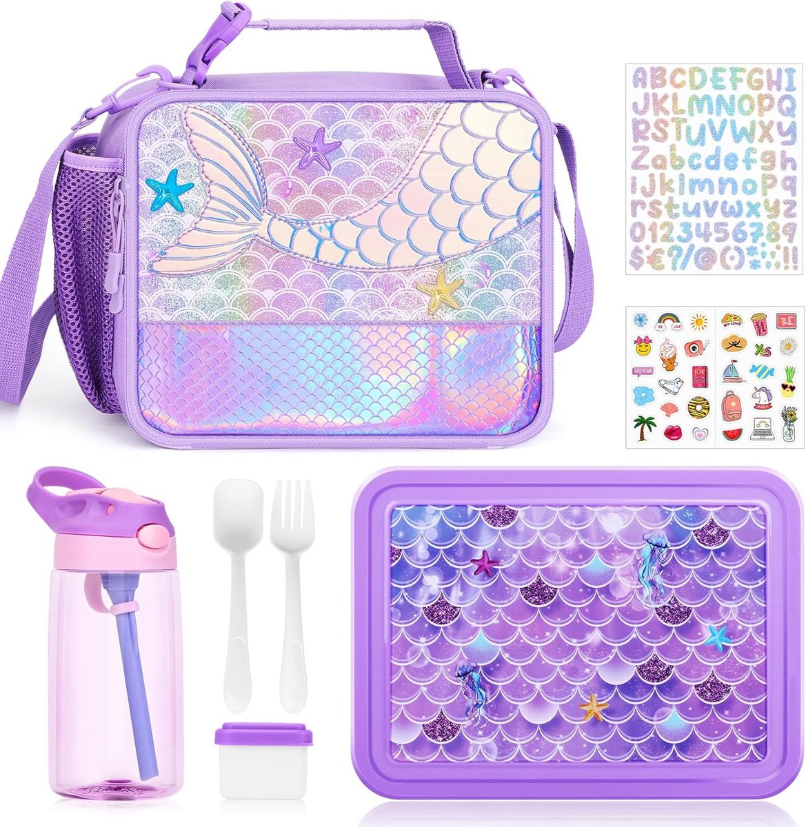Thijox - 3-delige lunchtas en bentobox-set voor kinderen, geïsoleerde lunchtas met waterfles, lekvrije lunchcontainers, meerdere compartimenten, kleur