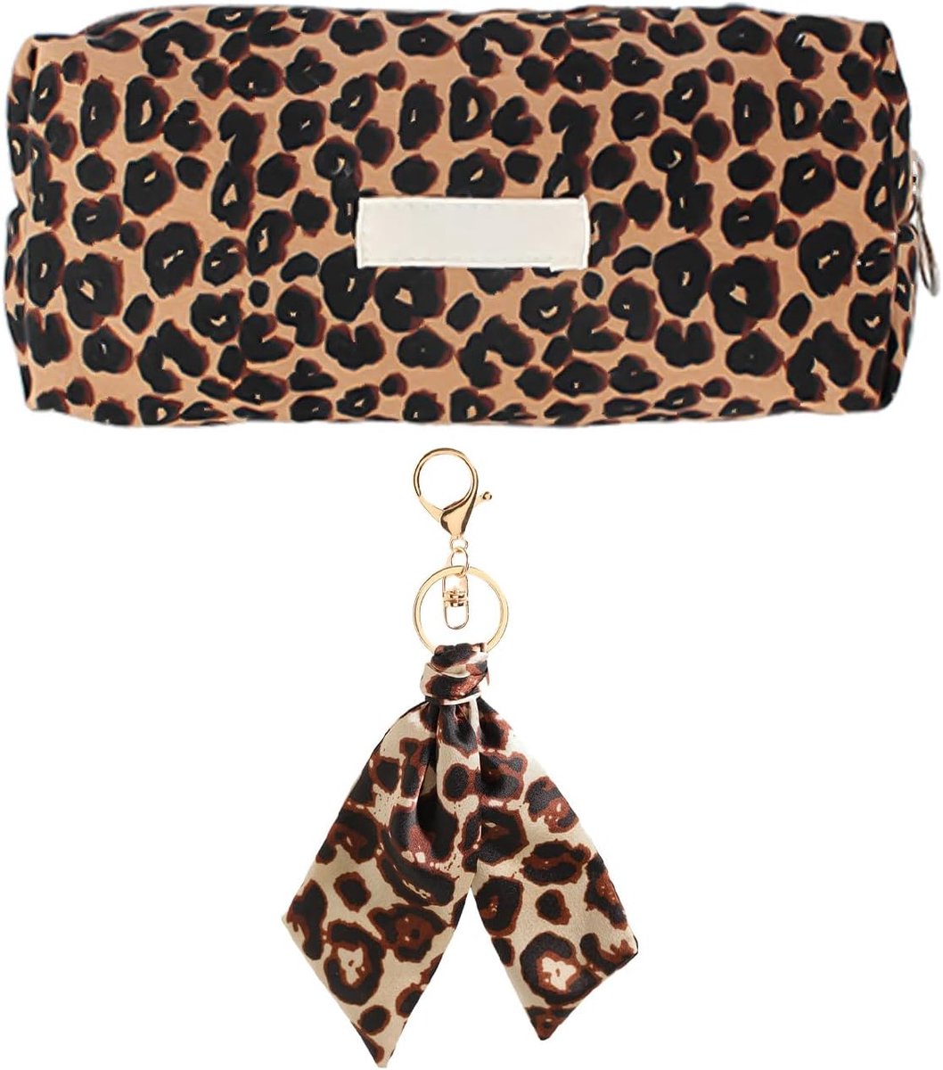 Thijox - Modieuze Bruine Etui Met Luipaard Print En Sleutelhanger, Briefpapier Set Voor School, Kantoor, Creatief Gebruik, 19x6Cm, Camel