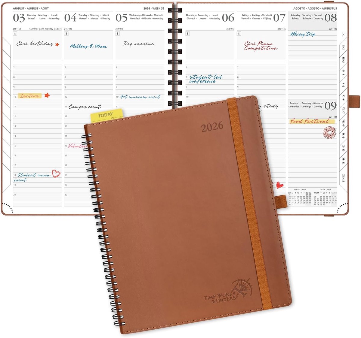 Thijox - Weekagenda 2026 Schoolagenda 26,5 x 21,5 cm Bruin Veganleer Zachte Kaft met Liniaal Bladwijzer FSC Papier 12 Maanden Jan-Dec 2026