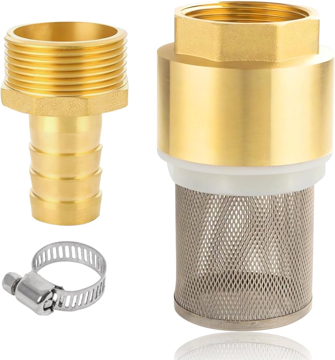 Koper terugslagklep 1 1/2 inch, zuigfilterset, voetklep, zuigmand, slangkoppeling en slangklem (1 1/2" schroefdraad + slangkoppeling 32mm) voor optimale waterafvoer en -filtering