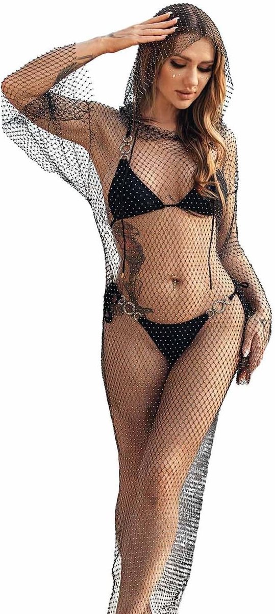 Vrouwen Rimpel Jurk met Strass, Visnet Body Chain en Doorzichtige Cover-up voor Bikini Rave Festival Accessoires