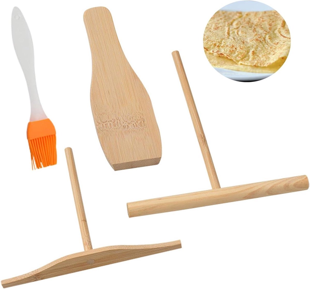 Pannenkoeken Spatel Set - Crepe Gereedschap - Bakken en Bereiden - Duurzaam Bamboe Hout - 4 Delig - Houtkleur
