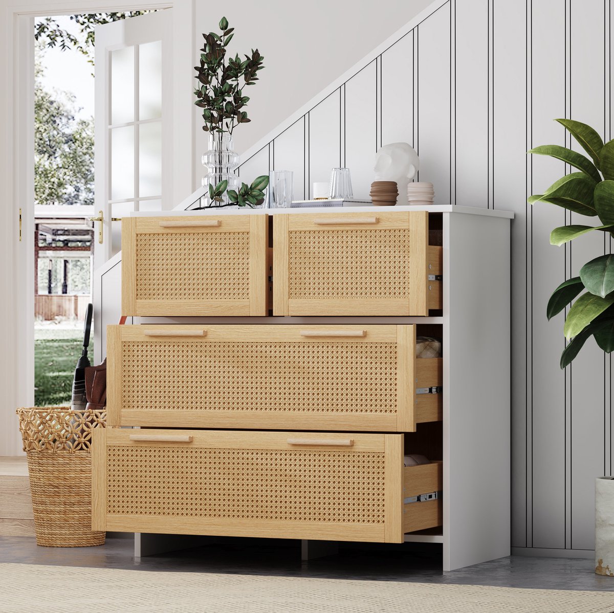 HAUSS SPOLE Dressoir - 4 Laden Met Rotanlook En Massiefhouten Grepen - Voor Slaapkamer Woonkamer Eetkamer En Hal - MDF - 80x38x80 Cm - Naturel Wit
