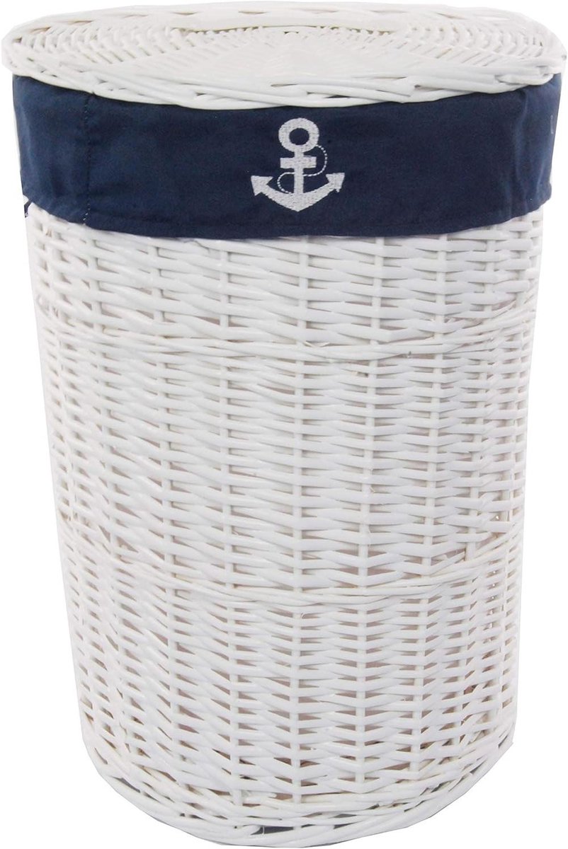 Wasmand Rond - Katoenen Mand - Was Opbergen - Afneembare Deksel - 39 x 55 cm - Wit Navy