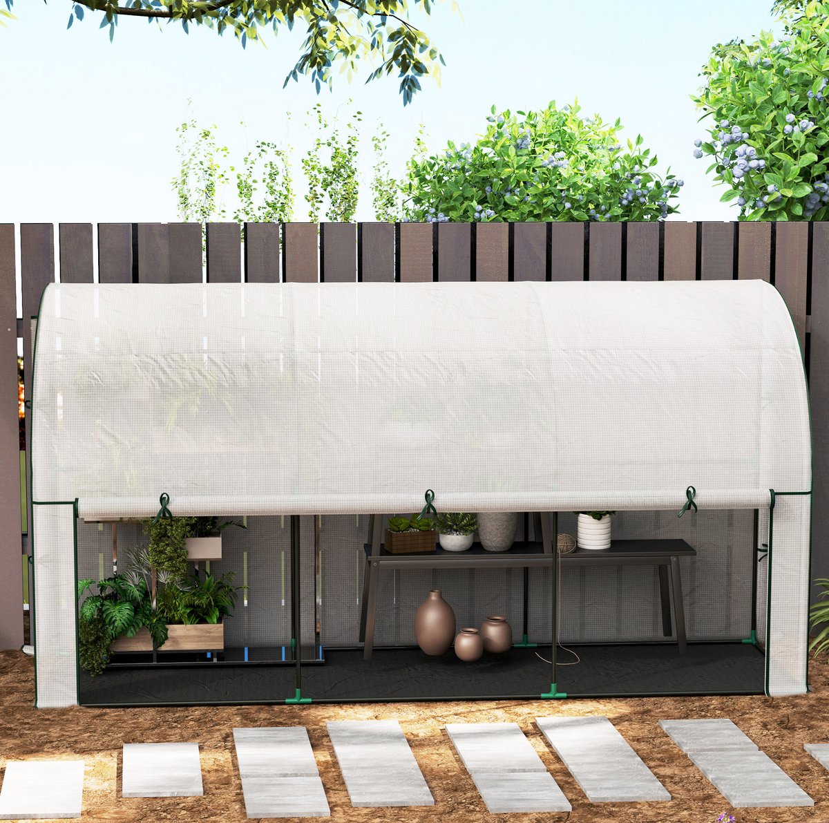 MEUNIQ Muurkas 300 x 80 x 157 cm met oproldeur en ventilerende voorwand, foliekas met UV-beschermende kunststof afdekking voor balkon of tuin, wit