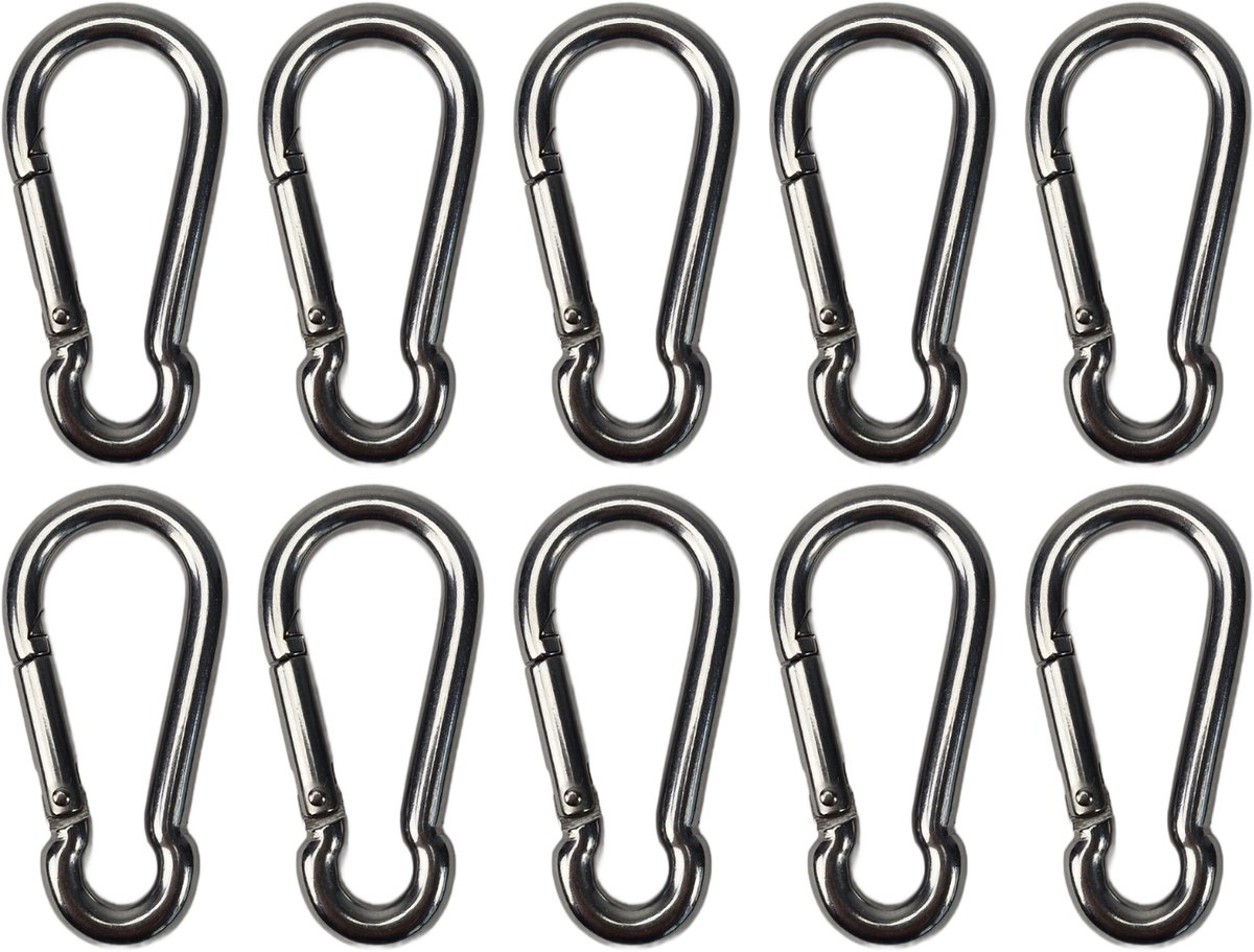 BCF-Products - Karabijnhaak - 6x60mm - 10 stuks - RVS 316 - Musketonhaak - Carabiner - Klein