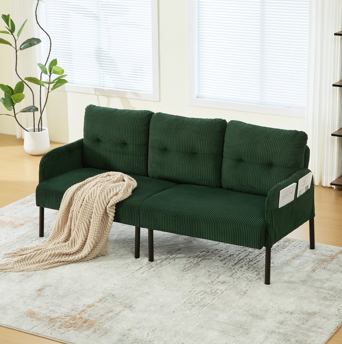 FloraGrace Zitbank 171 x 72 x 80 cm - 3-Zits Met Hoge Rugleuning En Zijvakken - Voor Woonkamer Of Werkkamer - Cord - Smaragdgroen