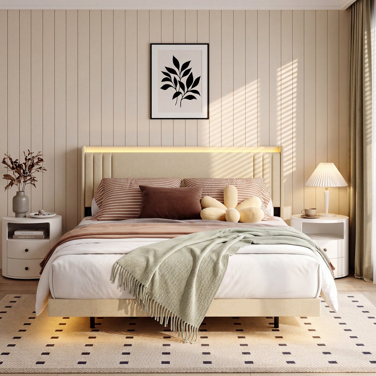 Bealife BF29 Tweepersoonsbed - 160 x 200 cm - Gestoffeerd bed - Zwevend Design - met LED-verlichting - USB & Type-C - Beige