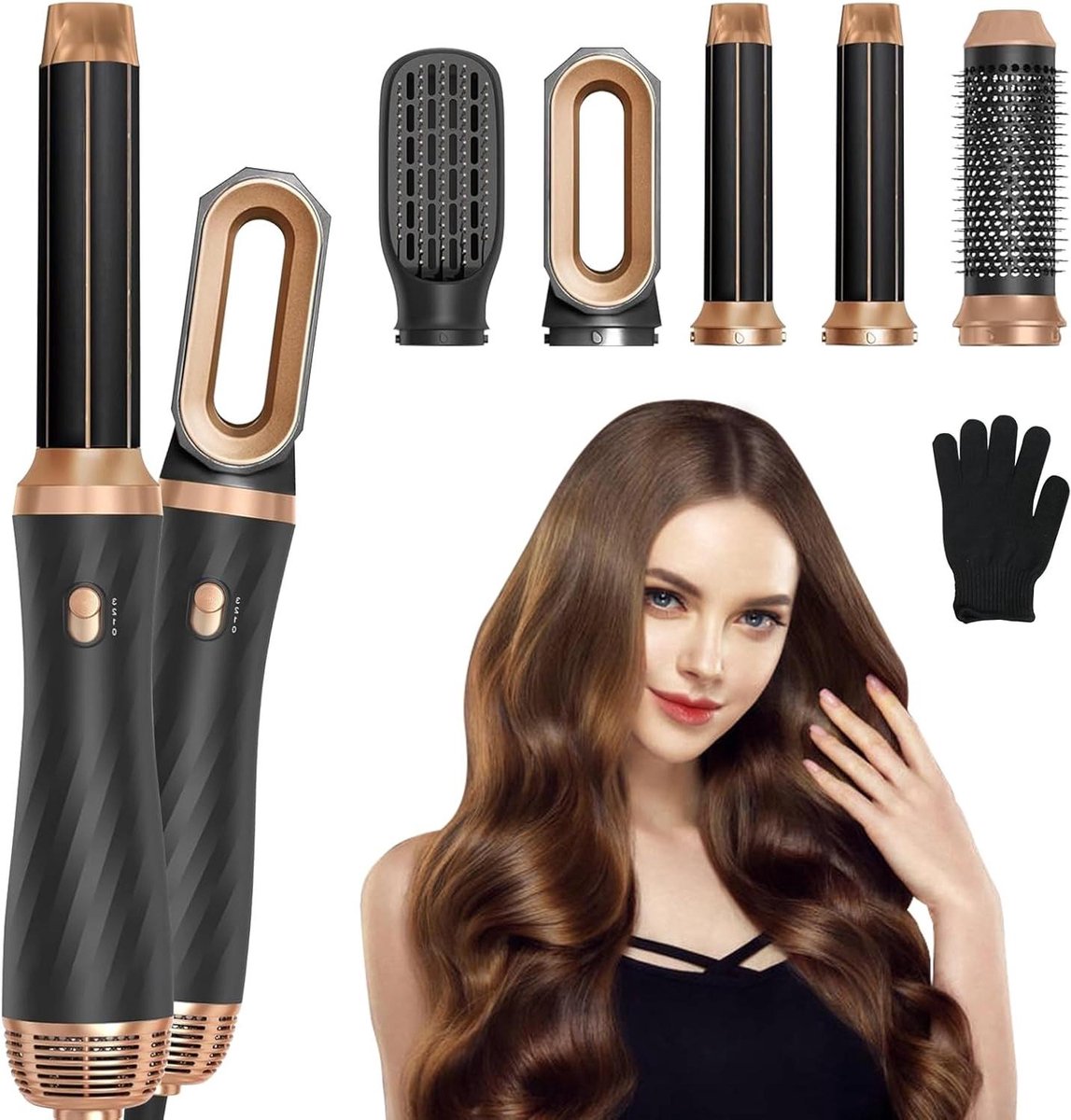 Hete Lucht Borstel - Haar Styler - Verschillende Looks - 5 Opzetstukken - 1000 W - Zwart