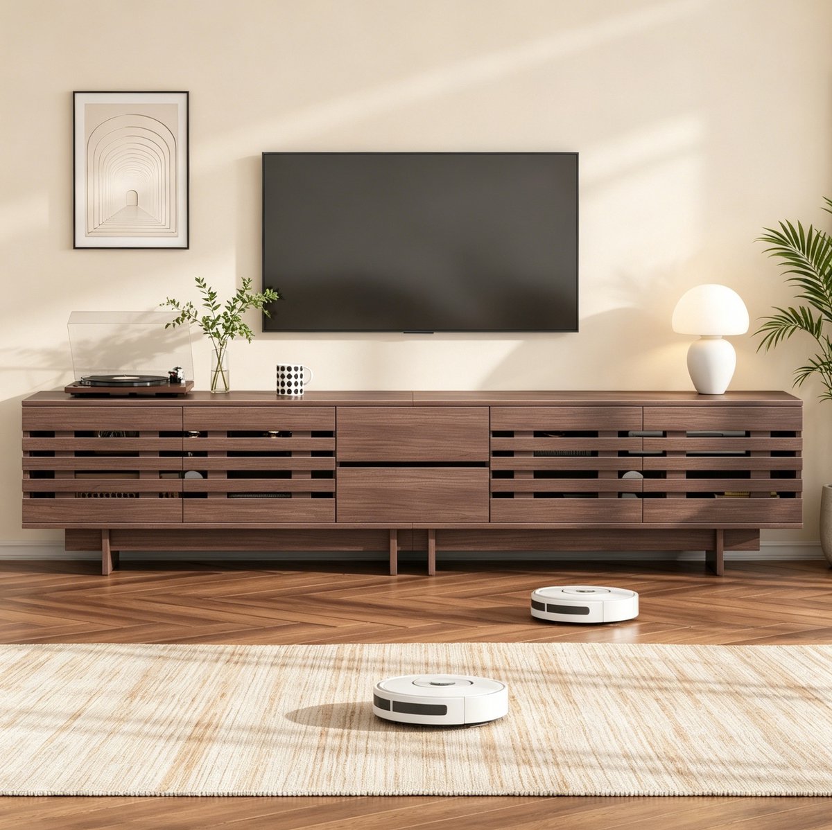 MIVRAY TV-Meubel - Retro Dressoir Voor Tv Tot 80 Inch Met 2 Lades En 4 Deuren - Walnootkleurig MDF - 200x39,5x55 Cm