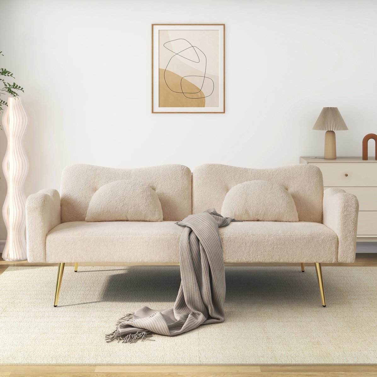 FloraGrace Slaapbank 175 x 79 x 82 cm - 2-Zits Met Verstelbare Rugleuning En Bedfunctie - Voor Woonkamer Of Logeerkamer - Stof En Metaal - Beige