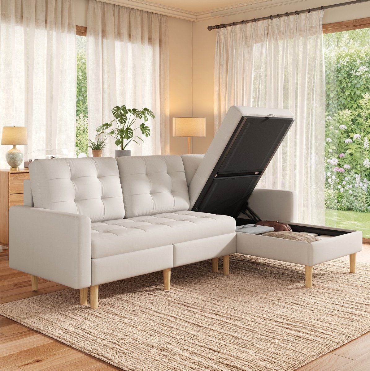 STILVORA Hoekbank 212 x 130 x 86 cm - Omkeerbare Chaise Longue Met Dubbele Opbergruimte - 3-Zits Voor Woonkamer - Stof Beige