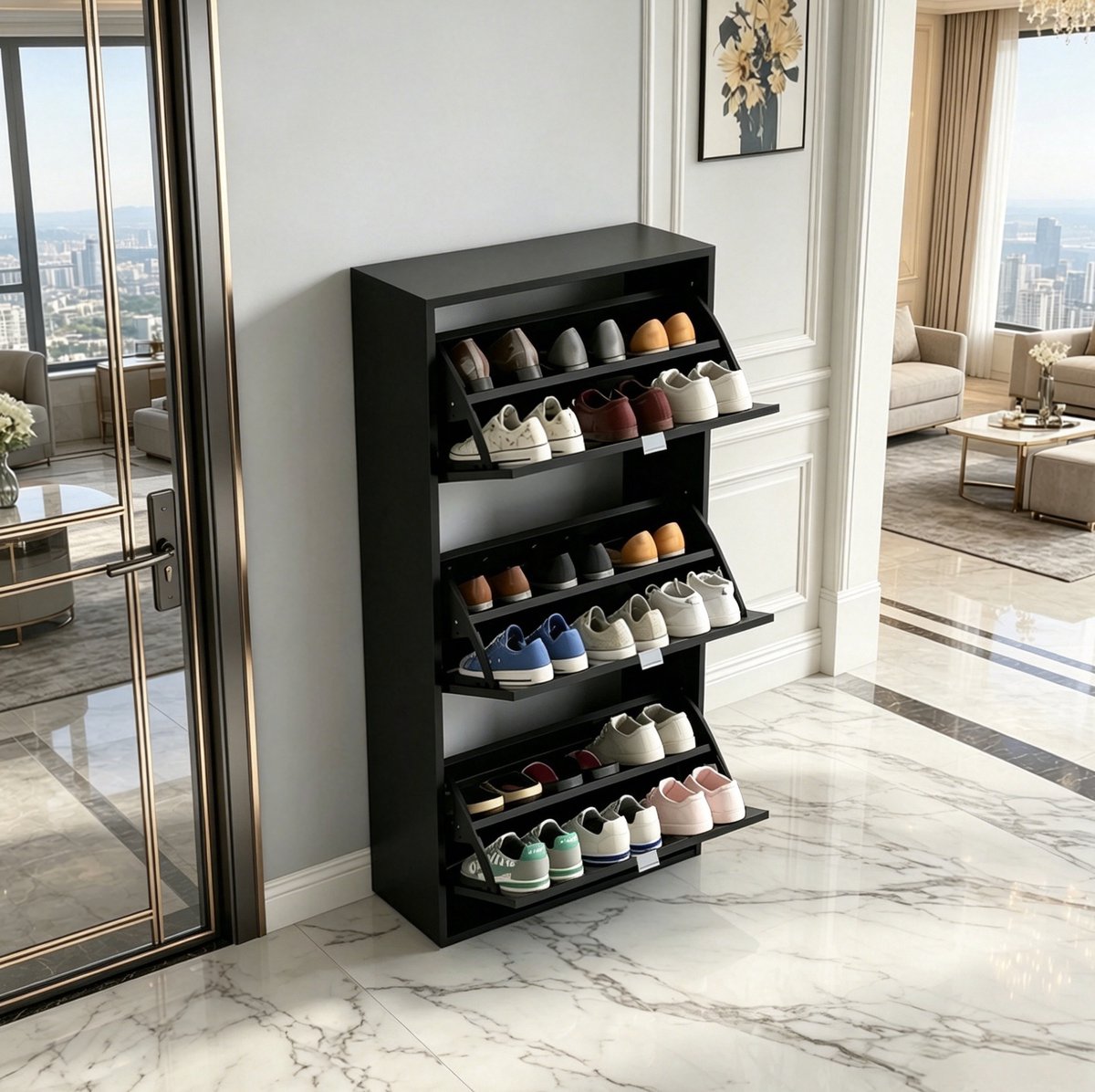 MIVRAY Schoenenkast - Staande Opbergkast Met 3 Klepdeuren En Verstelbare Vakken - Voor Hal En Slaapkamer - MDF - Zwart - 60x26x124 Cm