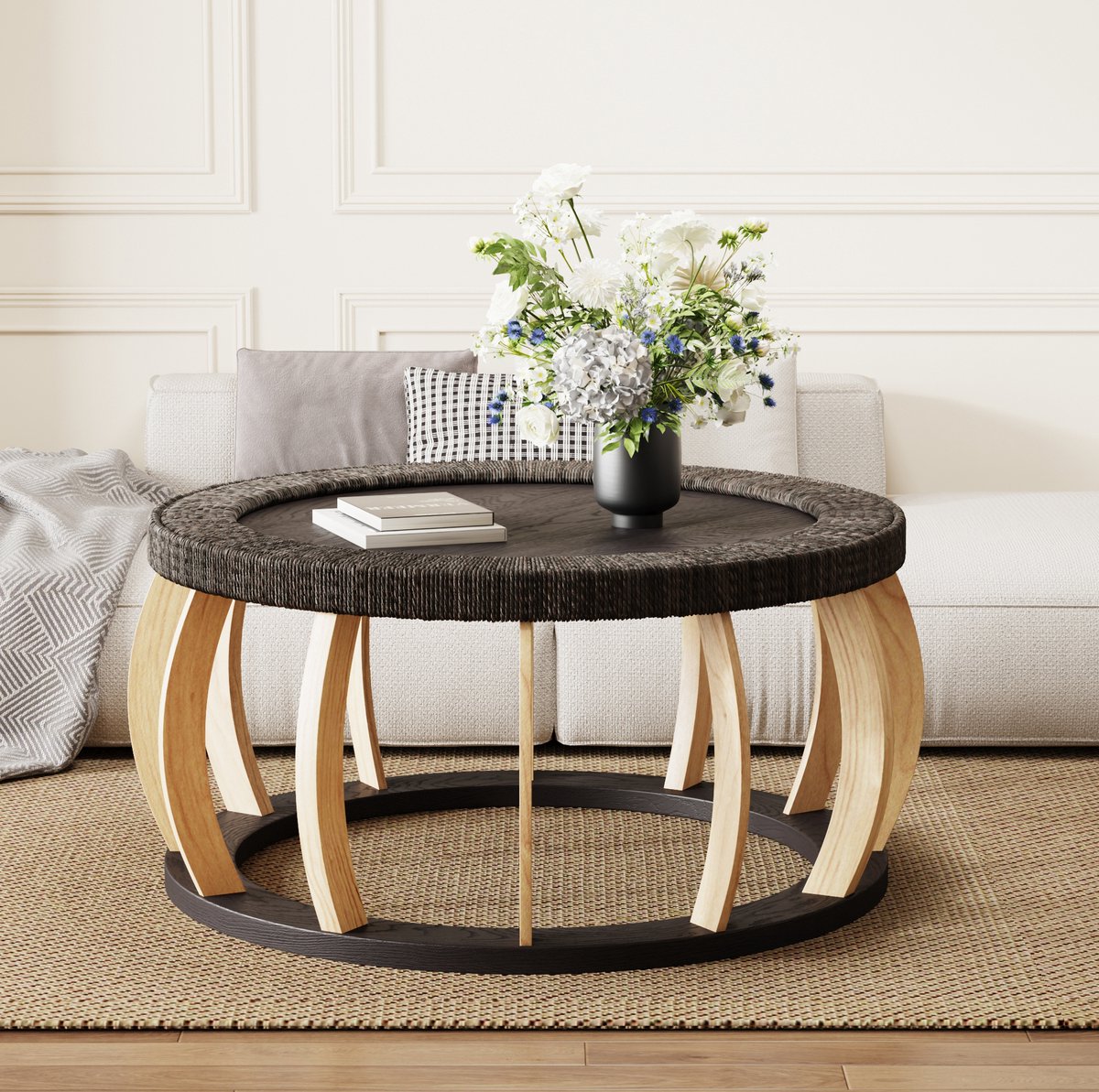 MIVRAY Salontafel - Ronde Vintage Tafel Met Gebogen Poten - Voor Woonkamer En Keuken - Massief Hout En MDF - Zwartbruin - 90x90x43 Cm