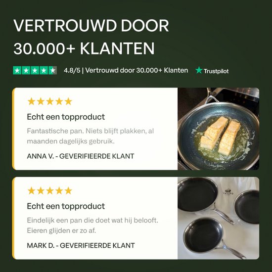 Twee klantbeoordelingen van de Matero pan met foto's van zalm en pannen in een witte achtergrond.