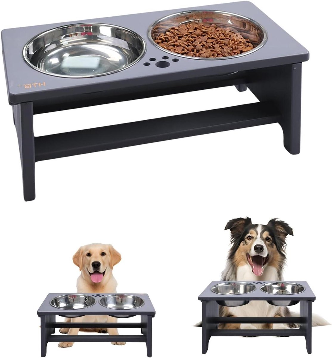 Verhoogde Hondenbak - Hondenvoerbak Drinkbak - Comfortabel Eten - Bamboe Standaard - 44 x 24 x 18 cm - Grijs