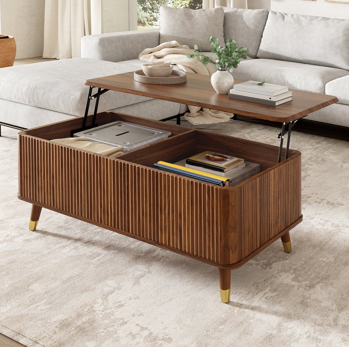 MIVRAY Salontafel - Hoogteverstelbaar Met Verborgen Opbergruimte - Modern Retro Voor Woonkamer En Kleine Ruimtes - MDF - Walnootkleur - 97x52x56,5 Cm