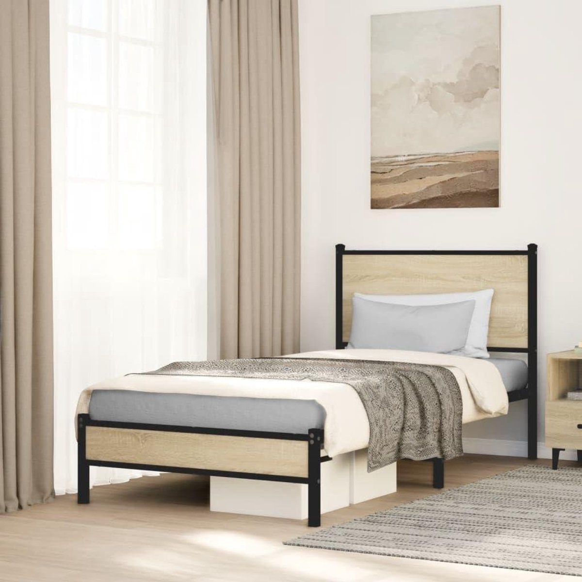 Bedframe met hoofdbord - Ledikant Metaal - Slaapkamer Inrichten - Robuust Stalen Frame - 80x200 cm - Sonoma Eiken