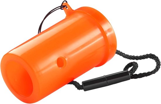 Oranje plastic hoorn met zwart koord en nekkoord, geïsoleerd op witte achtergrond.