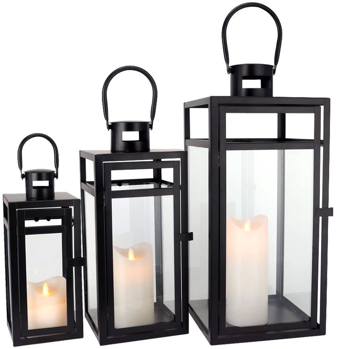 Lantaarn Grote Hangende Buiten Kaarsenhouder 48/38/30cm met Versterkte Glaspanelen voor Woondecoratie Feesten Tuin (Mat Zwart)