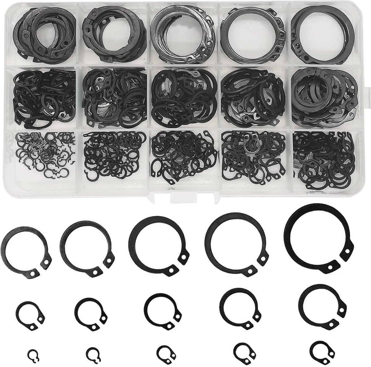 Borgringen klikborgringen, 15 maten C-clip borgclip ringassortimentset